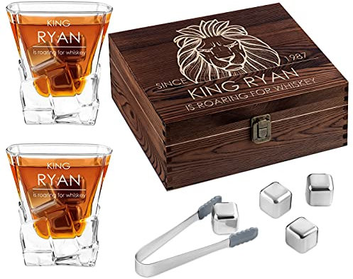 Maverton Whisky Stones & 2 Engraved Glasses Gift Set - 250ml Whisky Glasses in Personalised Wooden Box - Birthday Gift for Men - Gift idea for him - Lion