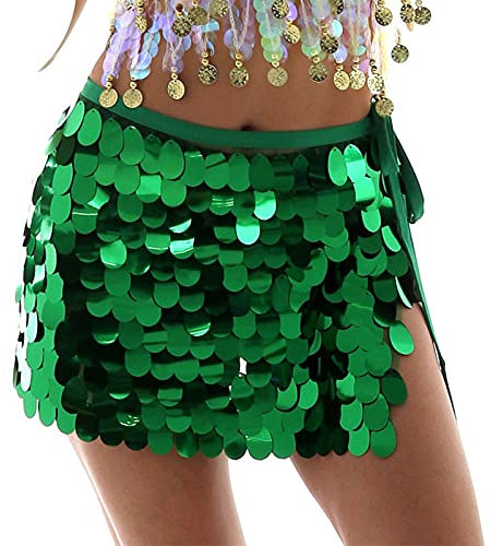 Larancie Paillettenrock Bauchtanz Hüftrock Rechteckiger Schal Wickeltuch Pailletten Kostüm Party für Frauen und Mädchen Bauchtänzerin Halloween (grün)