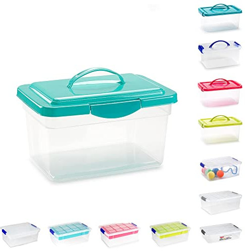 Plastic Storage Box Lightweight Robust Stackable Storage Boxes with Lid, Clear Latch Boxes, Plastic Organiser, Space Saving Solution for Home Office (9L - Turquoise Lid with Handle)