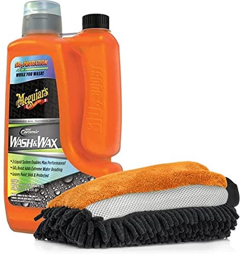 detailmate Auto Wasch- und Wachs Set mit Meguiars Hybrid Ceramic Wash & Wax 1660 ml + detailmate 3in1 Waschhandschuh mit Insektennetz Orange