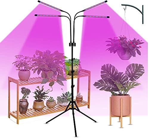 4-Head Full Spectrum Floor Plant Light, LED Grow Light with Tripod Stand Adjustable, Auto On/Off, 4/8/12H Timer, 3 Switch Modes, for Indoor Succulent, Vegetables