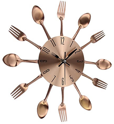 Kitchen Metal Copper Wall Clocks with Spoons and Forks 3D Removable Modern Creative Cutlery Kitchen Spoon Fork Wall Clock for Great Home Decor and Nice Gifts (Copper-33CM)