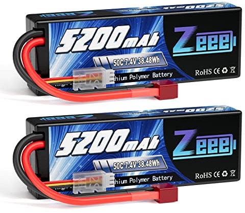 Zeee 2S Lipo Battery 5200mAh 7.4V 50C Hard case RC Battery with T Plug for 1/8 and 1/10 RC Vehicles Car RC Buggy Truggy RC Airplane UAV Drone FPV (2 Pack)