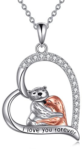 YFN Otter-Halskette, Sterlingsilber, Seeotter-Schmuck, 925er Sterlingsilber, Tierschmuck, Herz-Anhänger-Halskette für Frauen und Mädchen, 45,7 cm