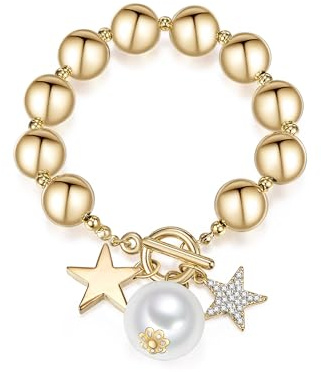 Lulu & Jane Damen Kugelarmband Metall-Legierung gelbgold Glas weiß Perle (synth.) weiß rund Stern Modeschmuckarmband