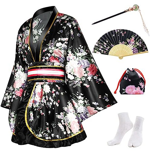 PLULON 5 pièces femmes Kimono japonais Robe courte imprimé fleuri Kimono Robe Sexy Geisha Yukata Satin peignoir avec accessoires
