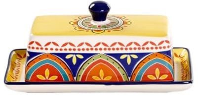 Green Ceramic Butter Dish with Lid Bohemia Hand Drawn Butter Plate Tray with Cover for Cheese Vintage Cheese Container Holder European-Style Butter Keeper for Home Kitchen