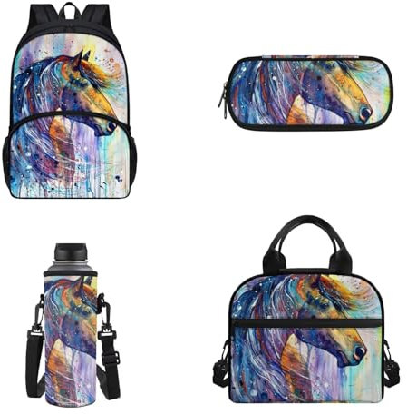 Dolyues Schulranzen 4 in 1 Rucksack Set Mädchen Schulrucksack für Kleinkind Teenager, Pferd Regenbogen, Rucksack, Rucksäcke