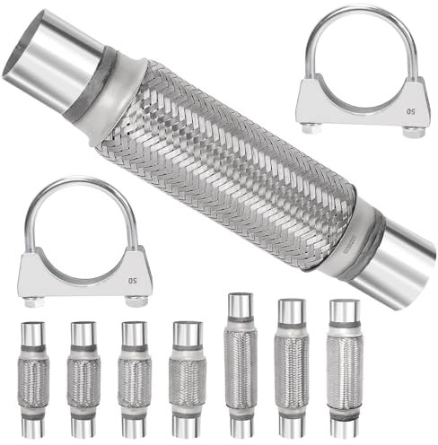 Swpeet 3Pcs 2 X 7.9 Inches Exhaust Flex Pipe with 2 Inches Exhaust U Clamp Kit, Universal Type Stainless Steel Double Braid Zinc Pipe Exhaust Flex Tube Ideal for Heavy Duty and Cars