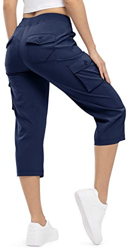 donhobo Damen Cargo Caprihose Wanderhose Leicht Schnell trocknend Atmungsaktiv Outdoor Athletisch Reisen Lässig Locker Bequem 3/4 Lange Hose mit Taschen (Marine, XXL)