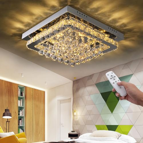 XEMQENER Dimmable Crystal Ceiling Light, 30W LED Crystal Chandelier Light, Finish Chrome Flush Mount Ceiling Lamp for Living Room Kitchen Office Bedroom Dining Room(Remote Control, 3000k-6000k)