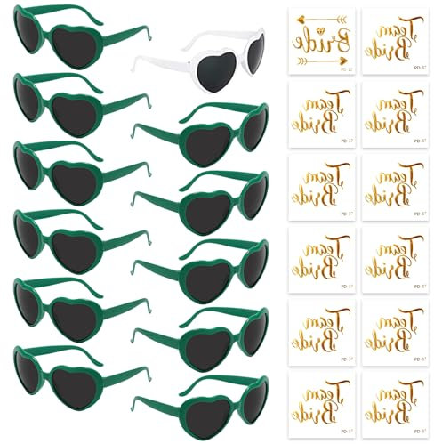 Partybrille Herz Sonnenbrille,12 Bride to Be Herz Sonnenbrille und 12 Team Bride Tattoo Aufkleber,Party Sonnenbrille Team Bride,Hippie Herzförmige Brille,JGA Partybrillen und JGA Deko Accessoires