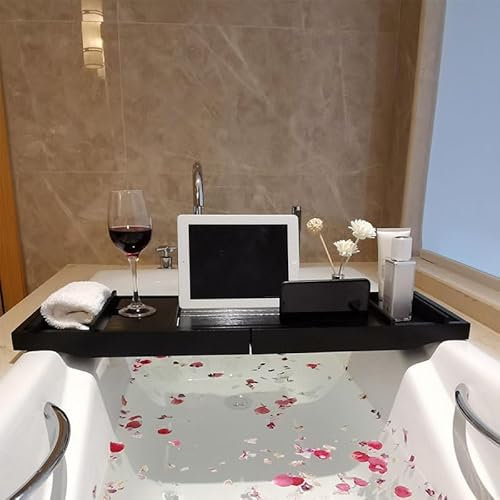 Ausziehbare Badewannenablage aus Bambus, 75-110x4,5x23cm, Verstellbares Badewannenbrett, Badewannen Ablagen mit Getränkehalter und BüCherregal Passend für Haus, Hotel oder Badezimmer, Schwarz