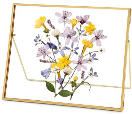 REDHUGO Cadre photo flottant en verre pressé fait à la main, cadre photo flottant en laiton pour fleurs séchées, spécimens de plantes d'intérieur, rectangulaire horizontal (cadre uniquement)