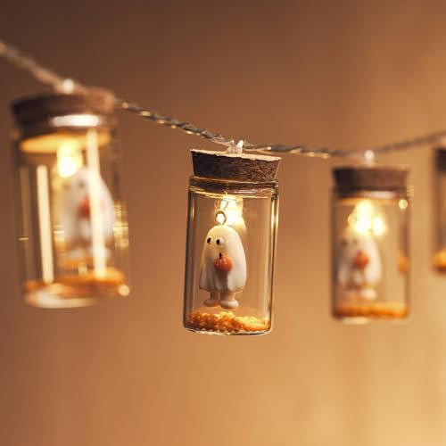 Lights4fun Halloween Lichterkette mit 10 LEDs Geist Gespenst in Flasche – Deko Indoor Innen – Batteriebetrieb & Timer – Dekoration Party Kinder