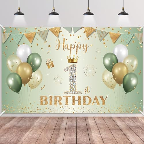 1.Geburtstag Banner Grün Gold,BTZO 1.Geburtstagsbanner,Deko 1 Geburtstag Dekoration Banner Hintergrund für 1 Mädchen und Jungen Geburtstagsfeier Deko