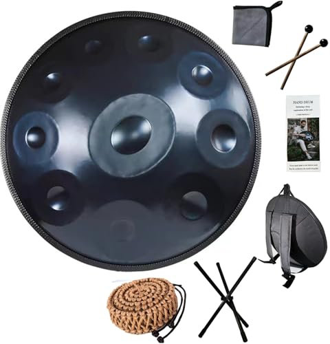 Handpan Drum, Steel Drum in D-Moll 9/10/12 Note 22 Zoll 440 HZ, Hand Drum Percussion mit Soft Hand Pan Bag, 2 Sticks und Support (Blue, 10 Notes)