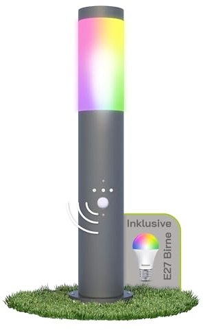 linovum BOSEA-B Standleuchte außen mit Bewegungsmelder & Dämmerungssensor & E27 WiFi Birne RGB+W - Pfostenleuchte anthrazit Smart