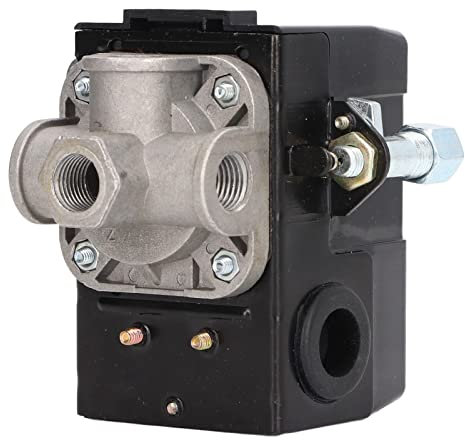 Luftkompressor-Druckschalter, 4 Anschlüsse, Druckkontrollschalter mit Ein-Aus-Metallhebel und Entlader, Professionelles Zubehör