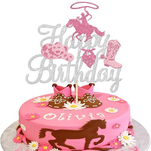 Xsstarmi 1 Pack Cowgirl Happy Birthday Cake Topper Sliver Glitter Western Cowgirl Birthday Cake Pick Hat Boot Disco Cowgirl Cake Decoration for Cowgirls Theme Women Birthday Party Decorations Sliver