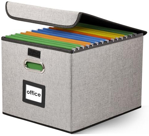 Upgraded Portable File Organizer Box with Lids, Foldable Linen Hanging Filing Storage Boxes with Tag Holder and Plastic Slide, Decorative Home/Office Filling System for File and Folders Storage(grey)