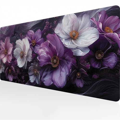 Tapis de Souris Gaming XL Mousepad 1200x600x3 mm Grand Tapis de Bureau Surface Lisse et Base en Caoutchouc Anti-dérapant Haute précision et Vitesse pour Ordinateur Portable (Fleurs Blanches Violettes)