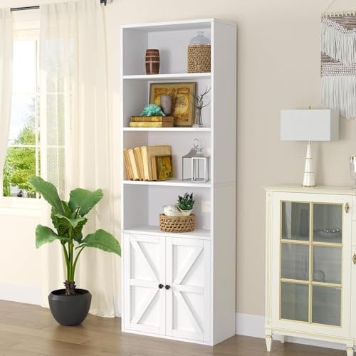 oneinmil Bücherregal, Bücherschrank mit 2 Türen, Bücherregal Weiß aus Holz, Bücherregal Hoch mit 6 Ebenen, Küchenschrank, Standregal, für Wohnzimmer, Schlafzimmer, Büro, Arbeitszimmer