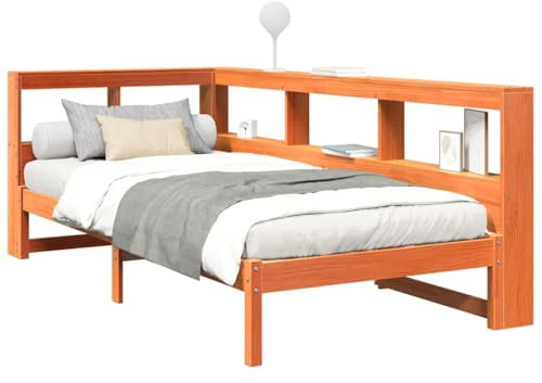 vidaXL Massivholzbett mit Regal ohne Matratze Wachsbraun 90x200 cm, Holzbett mit Regal, Massivholzbett mit Regal, Bett, Holzbett mit Bücherregal