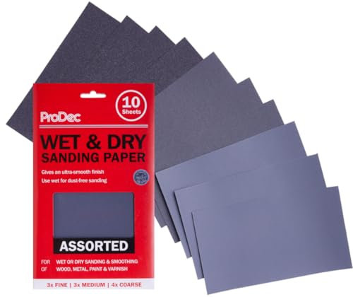 ProDec 10 pack Assorted Grades Wet & Dry Abrasive Sandpaper for Sanding Wood, Furniture, Metal, Plaster, Decorating, Automotive Sanding Sheets 9x5.5 inch (230x140mm), Wet and Dry