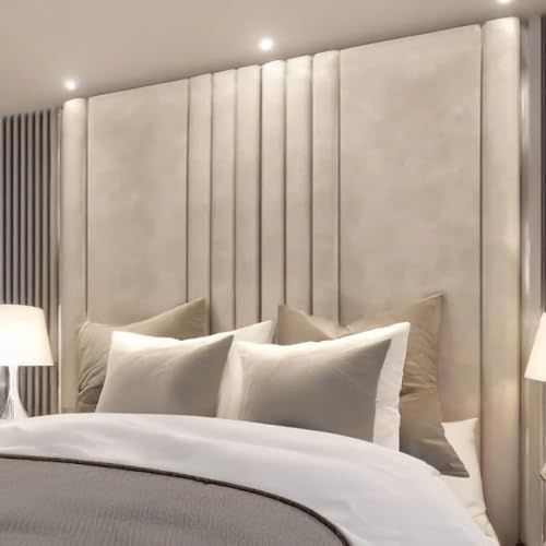 Luxury Floor Standing Panel Headboard, 127-203 cm Height, Plush Velvet, Linear Design, Beige (Mink, 4ft6-50''Tall)