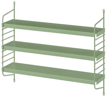 skølm Mimir Wandregal Metall Grün – Schweberegal mit 3 verstellbaren Regalböden – Modulares String Regal Wand – Hängeregal schmal für Wohnzimmer/Küche/Badezimmer – Wall Shelf