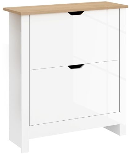 HOMCOM Narrow Shoe Cabinet, Space Saving Shoe Storage Cabinet with 2 Flip Drawers and Adjustable Shelves for 6-12 Pairs of Shoes for Hallways and Living Room, High Gloss White