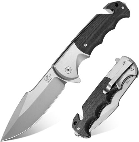 LOTHAR SMAUG Klappmesser Einhandmesser, 9.5 mm D2 Stahl Rettungsmesser mit G10 Griff, Taschenmesser mit Glasbrecher und Gurtschneider, Liner Lock, Überlebensmesser für Auto mit Clip