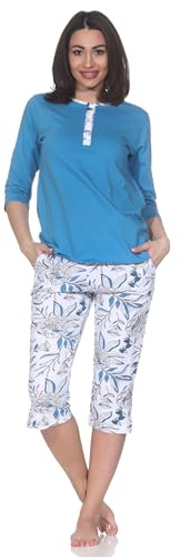 Normann Wunderbarer Damen Kurzarm Pyjama mit Caprihose in floralem Print - auch in Übergrössen, Farbe:blau1, Größe:40-42