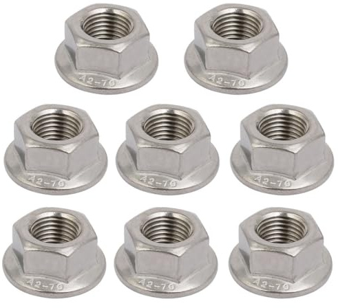 TOP-VIGOR 8Pcs M12 x 1.25mm Fine Thread Flange Nuts, 304 Stainless Steel Hex Lock Nuts, Threaded External Hex Flange Nut for Automotive, Machinery, DIY Projects