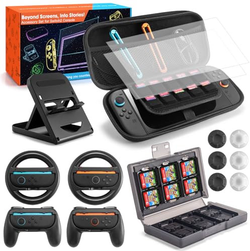 JoyHood 15 in 1 Accessories Kit Compatible with Switch 2, Family Accessories Bundle for Switch 2 with Storage Case, Steering Wheel, Controller Grips, Screen Protector, Game Card Case