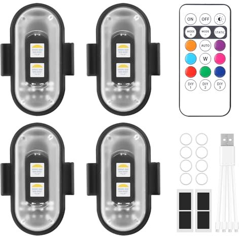 FENYW 4 Pezzi Luci Stroboscopiche Drone LED, 8 Colori Ricarica USB Lmpermeabile Luce a LED, Luci Stroboscopiche Senza Fili con Telecomando, Ricaricabili USB Strobe Drone Light per Motocicletta