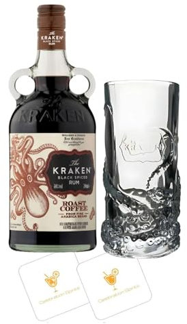 Kraken Roast Coffee Rum Gift Set | Includes Miniature Bottle, Tentacle-Themed Collector’s Tumbler & 2 Celebration Spirits Coasters – Unique Alcohol Gift for Rum & Whiskey Lovers