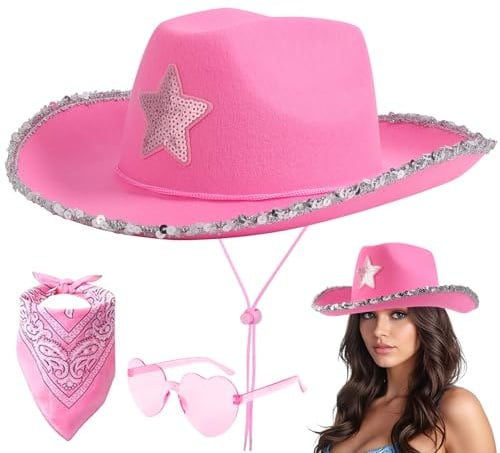 Aomig Chapeau de Cowboy Western - Déguisement pour Adultes avec Lunettes de Soleil et Bandana - Accessoires de Costume pour Halloween et Carnaval