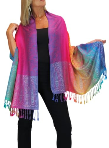 Paulo Due Damen Pashmina Schal Regenbogen mit Blumen- und Paisley-Muster Leichter Feiner Wickel-Schal mit Quasten Rosa
