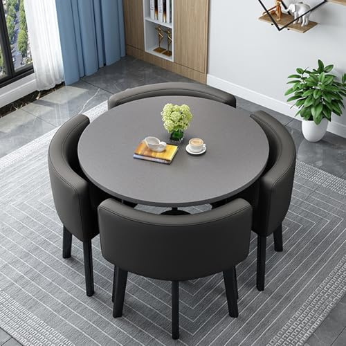 Leder Esstisch Set mit 4 schwarzen Stühlen - Runde/Quadratisch Platzsparende Essgruppe für Küche Wohnzimmer und Esszimmer - Perfekt für 4 Personen