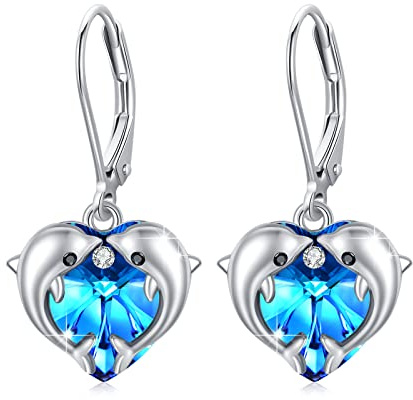REDSUN Delfin Ohrringe Silber 925 Mädchen Dolphin Kristall Mondstein Hängend Ohrringe Herz Hängend Damen Delfin Schmuck Geschenk für Mädchen Mama Tochter Ehefrau Geschenk