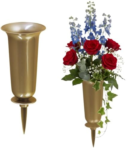 matches21 HOME & HOBBY Wetterfeste Grabvasen mit Erdspieß 37 cm Gold - 2 Friedhofsvasen zum Stecken als Grabschmuck