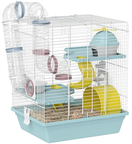 PawHut Cage Hamster, Cage Rongeur à 3 Niveaux, avec Roue d'exercice, Tunnel de Jeu, gamelle, cabane, échelle, pour Hamsters Nains et gerbilles, 34,5 x 27,5 x 41 cm, Bleu