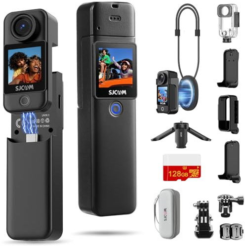 SJCAM C300 4K Pocket Action Kamera, 128 GB Vlogging-Kamera mit magnetischem Umhängeband und Stativ, 6-Achsen-Stabilialisierung, POV-Cam, tragbare Körperkamera, Schwarz