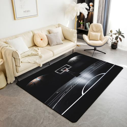 Homemissing Schwarzer Basketballplatz Teppich 100x150cm Für Kinder Jungen Mädchen Basketball Wohnzimmerteppich Spiele Sport Outdoor Teppich Ballspiele Küchenteppich