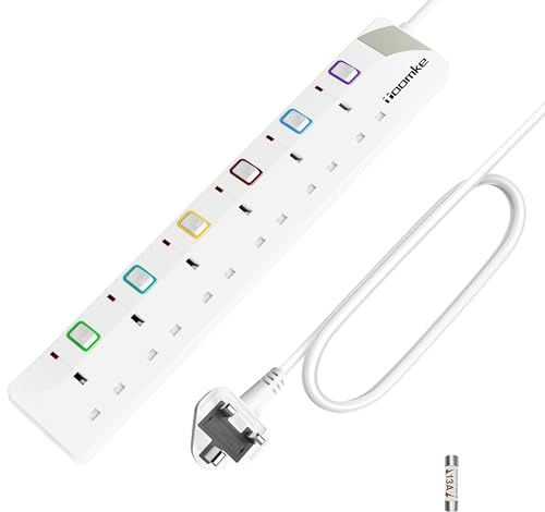 6 Way Extension Lead with Individual Switches, 5m Power Strip with Wall Mount, UK 13A Fused Plug Socket Extension Cable, 3250W Long Extension Cord