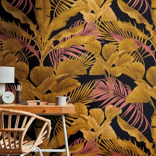 Profhome Dschungel Tapete 391853-GU heißgeprägte Vliestapete schwarz rosa gold-gelb pastell-violett Fototapete 0,53 m x 8,80 m = 4,45 m2