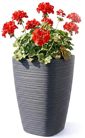 GEEZY Dark Grey Tall Square Ribbed Plant Pot with Insert, 43 x 28.9 cm - Weather Resistant Indoor & Outdoor Planter - Modern Flower Pot for Living Room, Garden & Patio