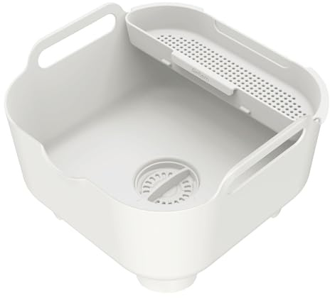 ReBorn Recycled Washing Up Bowl Pro 9L Kitchen Made in UK - Light Stone | 9L bowl plus multipurpose drainer, large carry handles, integrated plug, pour spout, made from 100% recycled plastic